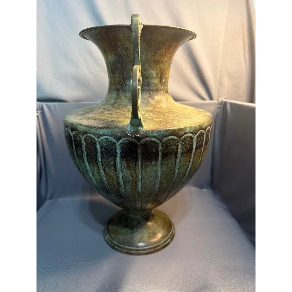 Vintage Brass Urn Vase Verdigris Patina Fluted Metal Vessel Ornate Handles